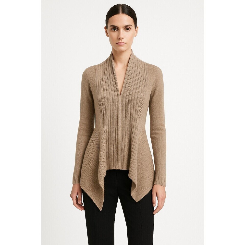 Liz Claiborne Career PM Tan Cardigan Sweater Open Draped Hem Minimalist Neutral